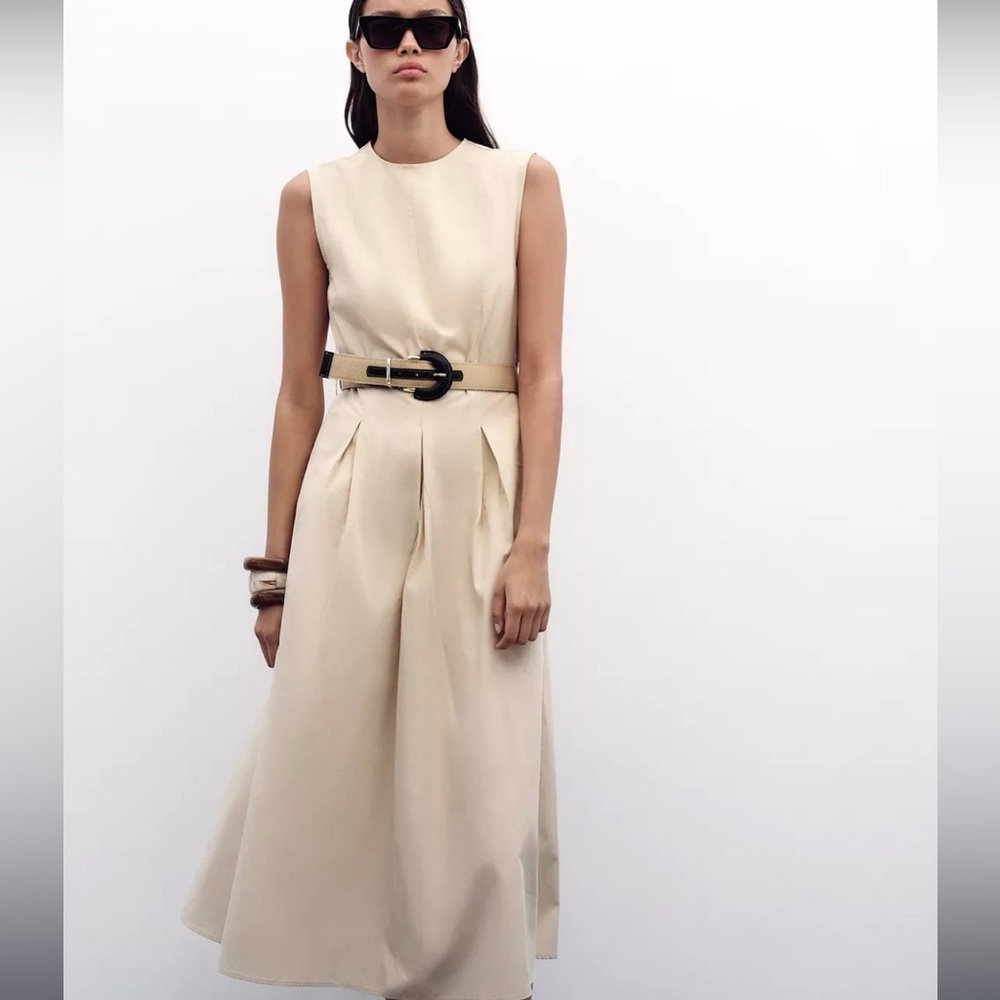 🆕 2026 ZARA BELTED POPLIN MIDI DRESS